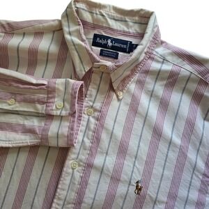 Ralph Lauren Button Down Shirt Mens 16-34 Red White Striped Yarmouth Cotton